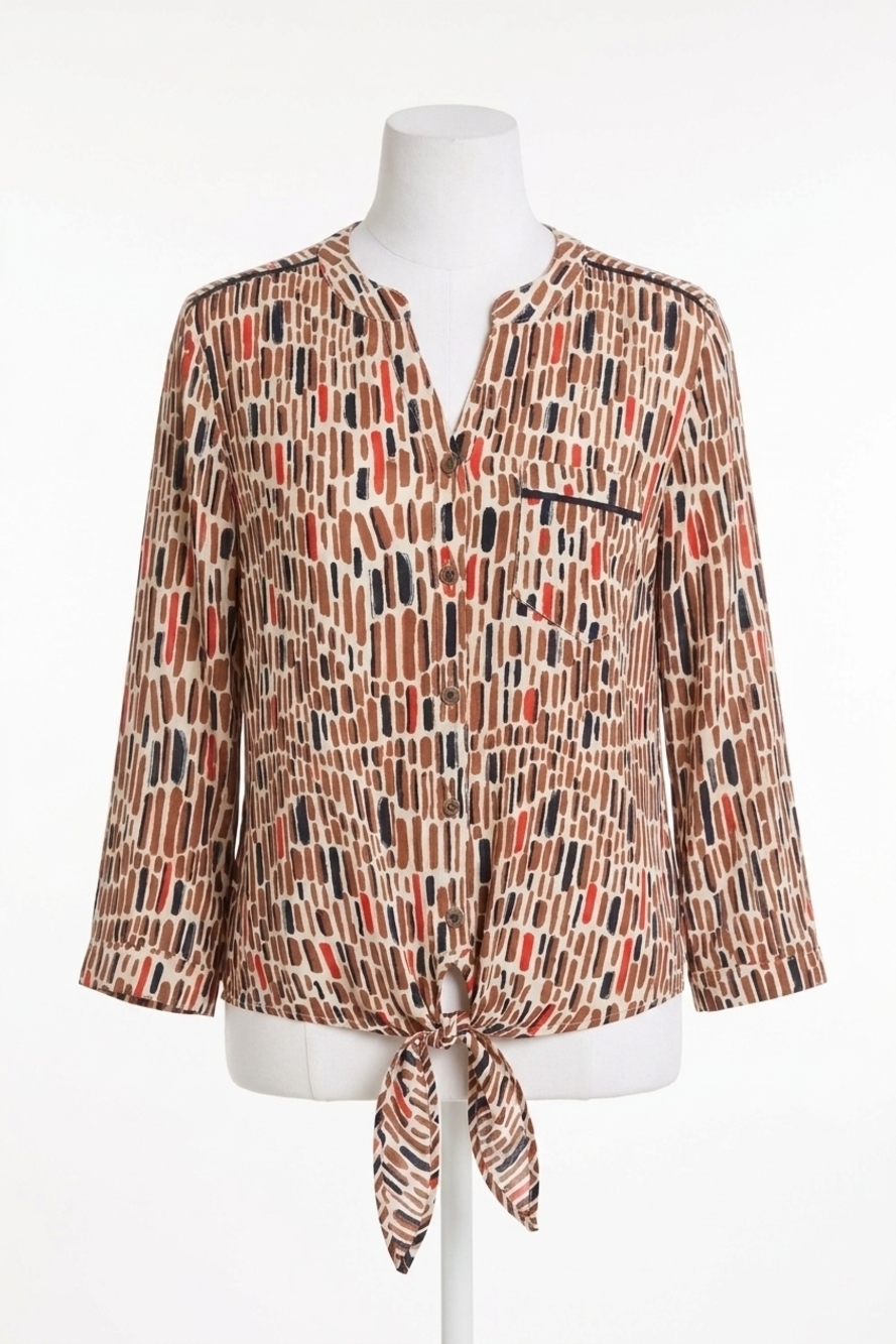 NEW MULTIPLES tie front print blouse in red/black/brown
